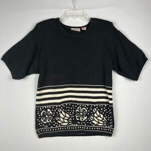 Vtg 90s Y2K Embroidered Floral Striped Knit Sweater Black White Short Sleeve Lg